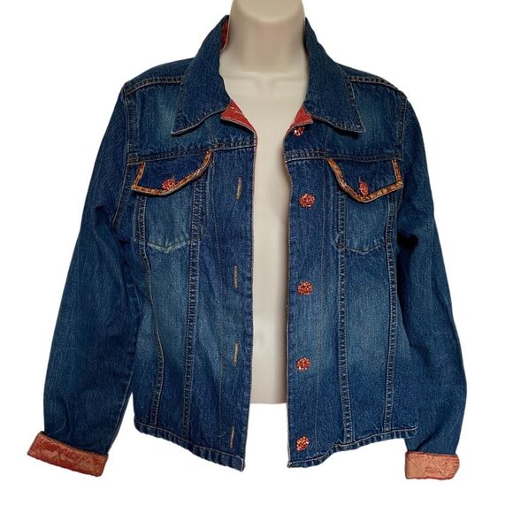 Vintage Bohemian Orange Jewel Button Blue Denim Trucker Jacket Sz S - Picture 1 of 16